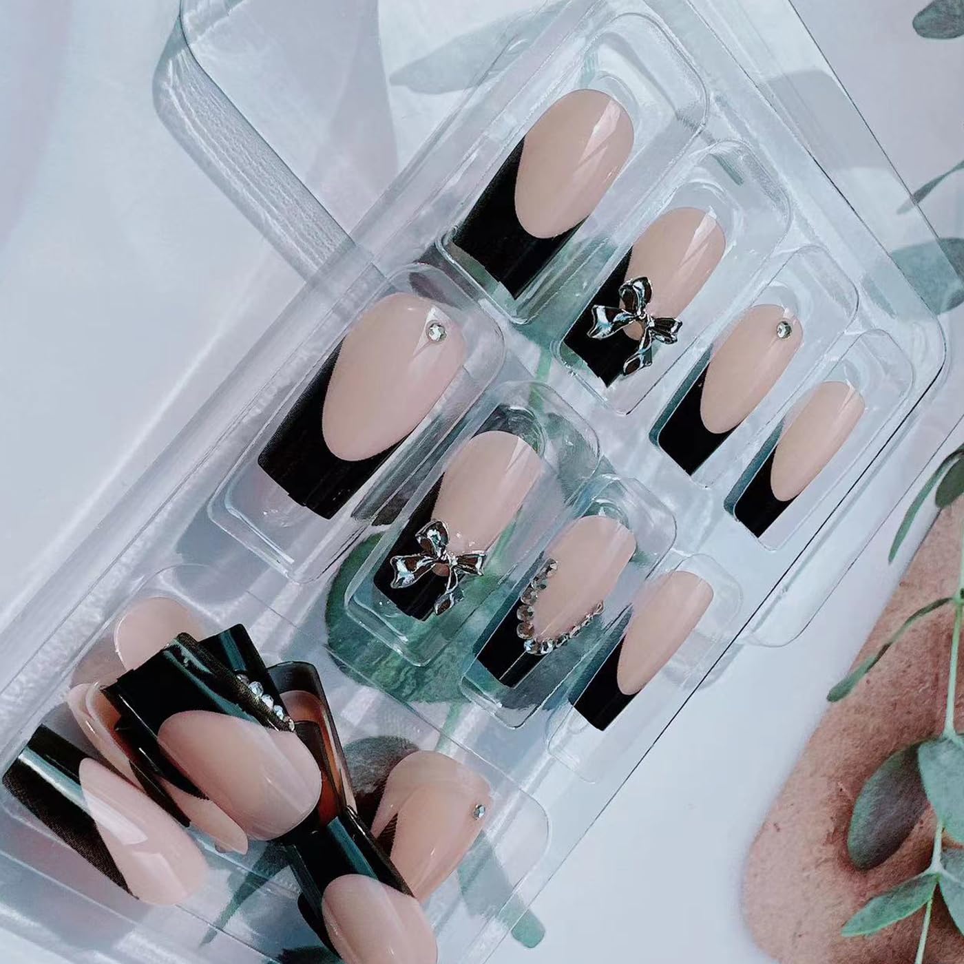 24Pcs Black French Press on Nails Long Coffin Fake Nails with Charm Bow Design,French Tip DIY Manicure Square False Nails Press ons Glitter Rhinestone Nails Kit for Women,Daily Wear Nail Decorations - Image 2