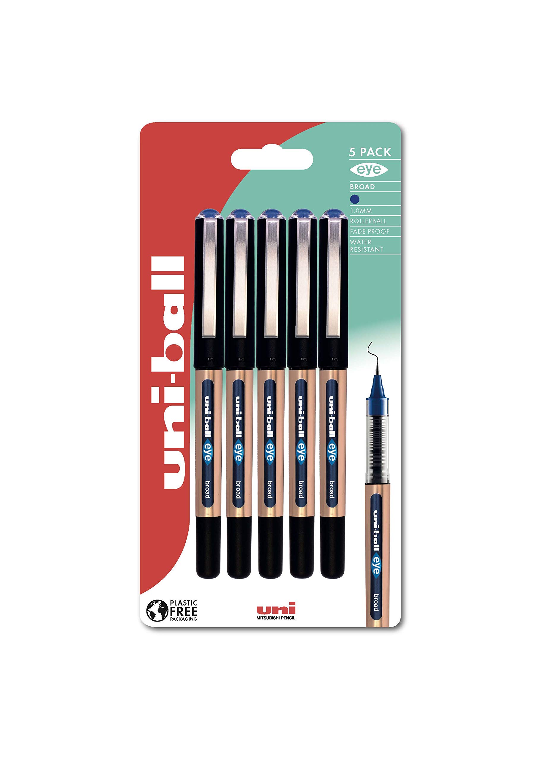 uni-ball UB-150-10 Eye Rollerball Pens. Premium Broad 1.0mm Ballpoint Tip for Super Smooth Handwriting, Drawing, Art, Crafts and Colouring. Fade and Water Resistant Liquid Uni Super Ink. 5 Pack Blue