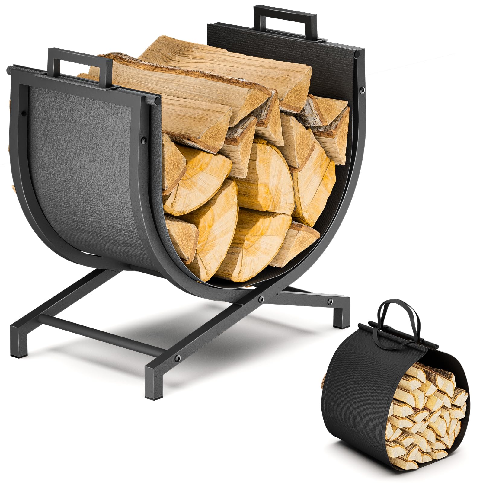 Photo 1 of Tocozy Firewood Rack Indoor and Outdoor, 22 inches Small Fire Wood Holder Log Storage with Carrier Bag for Indoor Fireplace Hearth or Outdoor Patio, Rustproof Iron Wood Stacking Rack, Black
