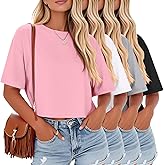 Riyiper 4 Pack Women's Half Sleeve Crop Tops Women Boxy Casual Crew Neck T-Shirts Loose Fit Tops Plain Summer Workout Tees
