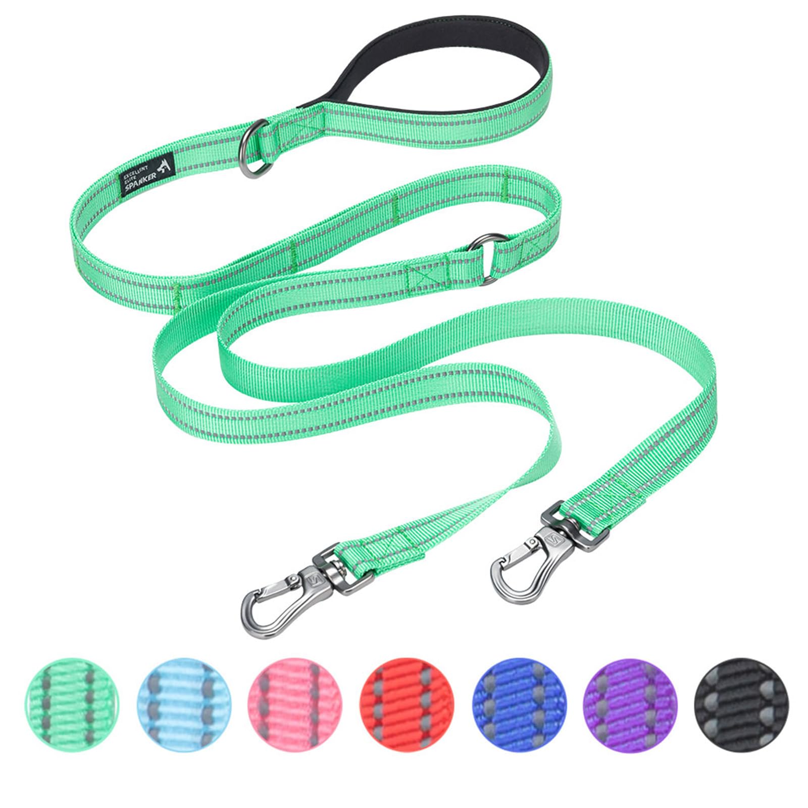 EXCELLENT ELITE SPANKER 5FT Double Lead Reflective Nylon Dog Leash Multiple Dog Leash with Padded Handle for Two Dogs Training Walking(Green) — image 1