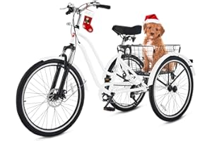 VIRIBUS BIKES VIRIBUS Tricycle for Adults,7 Speed Adult Tricycle with Front Suspension and Removable Wheeled Rear Basket, 3 Wheel Bike for Adults for Seniors Women Men, Three Wheel Bicycle, 400 lb. 26 inch White