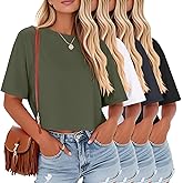 Riyiper 4 Pack Women's Half Sleeve Crop Tops Women Boxy Casual Crew Neck T-Shirts Loose Fit Tops Plain Summer Workout Tees