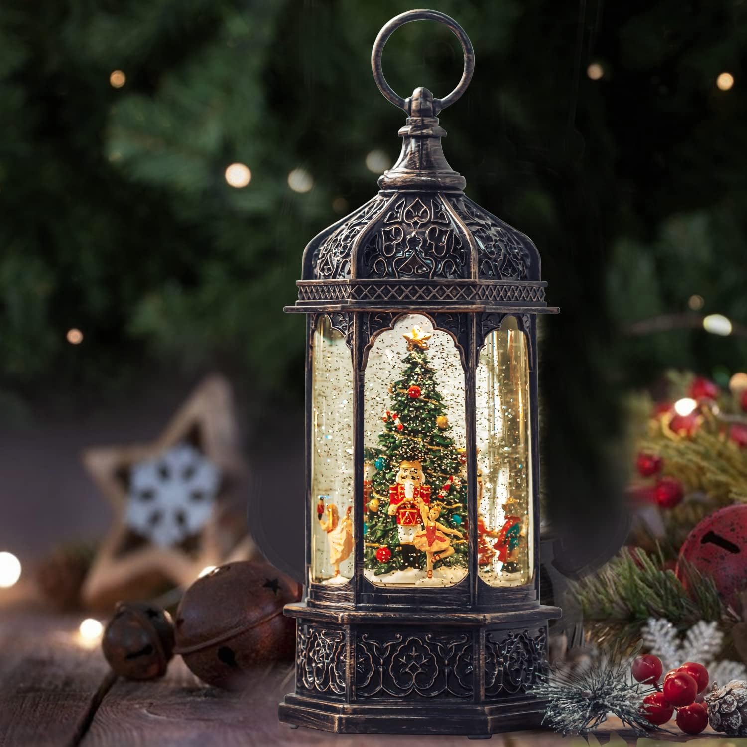 Snow Globes - Musical Christmas Snow Globe, Christmas Tree Nutcracker Rotate Scene Decorations with Timer Swirling Singing Water Glittering Water Lantern, USB/Battery