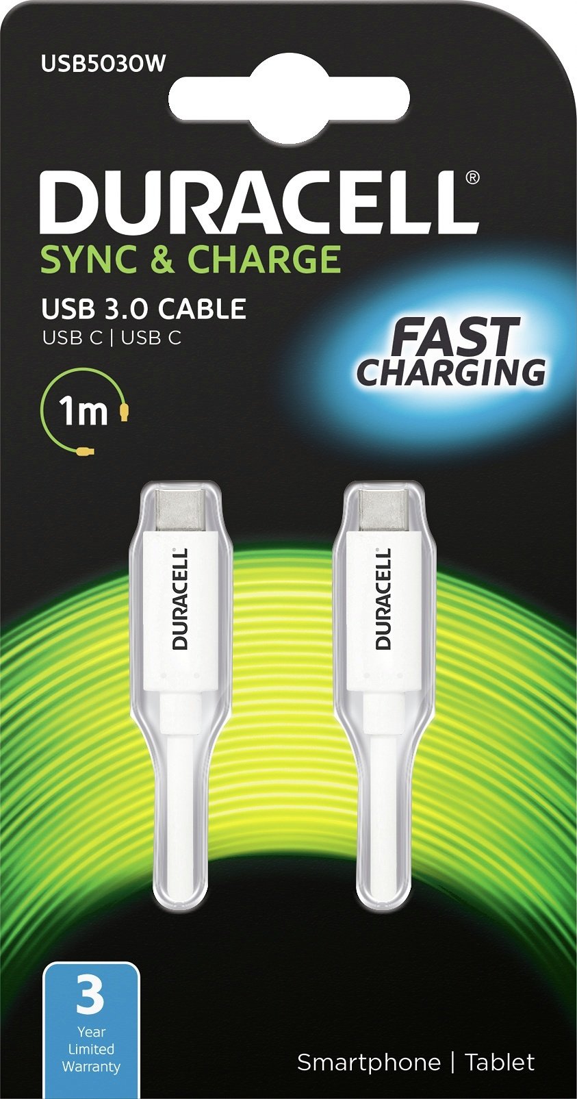 Duracell USB5030W USB Cable 1 m USB C Male White - USB Cables (1 m, USB C, USB C, 3.0 (3.1 Gen 1), 5000 Mbps, White)