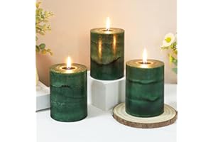 FLAVCHARM Fir Pine Scented Pillar Candles 3x4 Inch Dark Green 3-Layered Handcraft Holiday Forest Candle Smokeless Aromatherapy Candle for Christmas Decoration Home Party Fragrance Housewarming Gifts