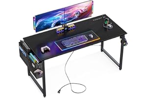 KKL Small Desk with Power Outlets and USB Port Computer Desk for Home Office Gaming Simple Modern Style Writing Desks with Storage Bag Headphone Hook, 48 inch, Black