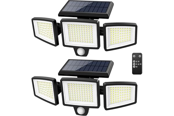 Tuffenough Solar Outdoor Lights 2500LM 210 LED Security Lights with Remote Control,3 Heads Motion Sensor Lights, IP65 Waterproof,270° Wide Angle Flood Wall Lights with 3 Modes(2 Packs)