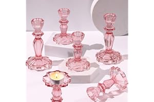 Simeitol Pink Candlestick Holders Set of 6, Taper Candle Holders, 4.3" H & 6.3" H Glass Candle Holder for Candlesticks & Pillar Candles, Candle Holder for Table Centerpieces, Wedding and Mother's Day