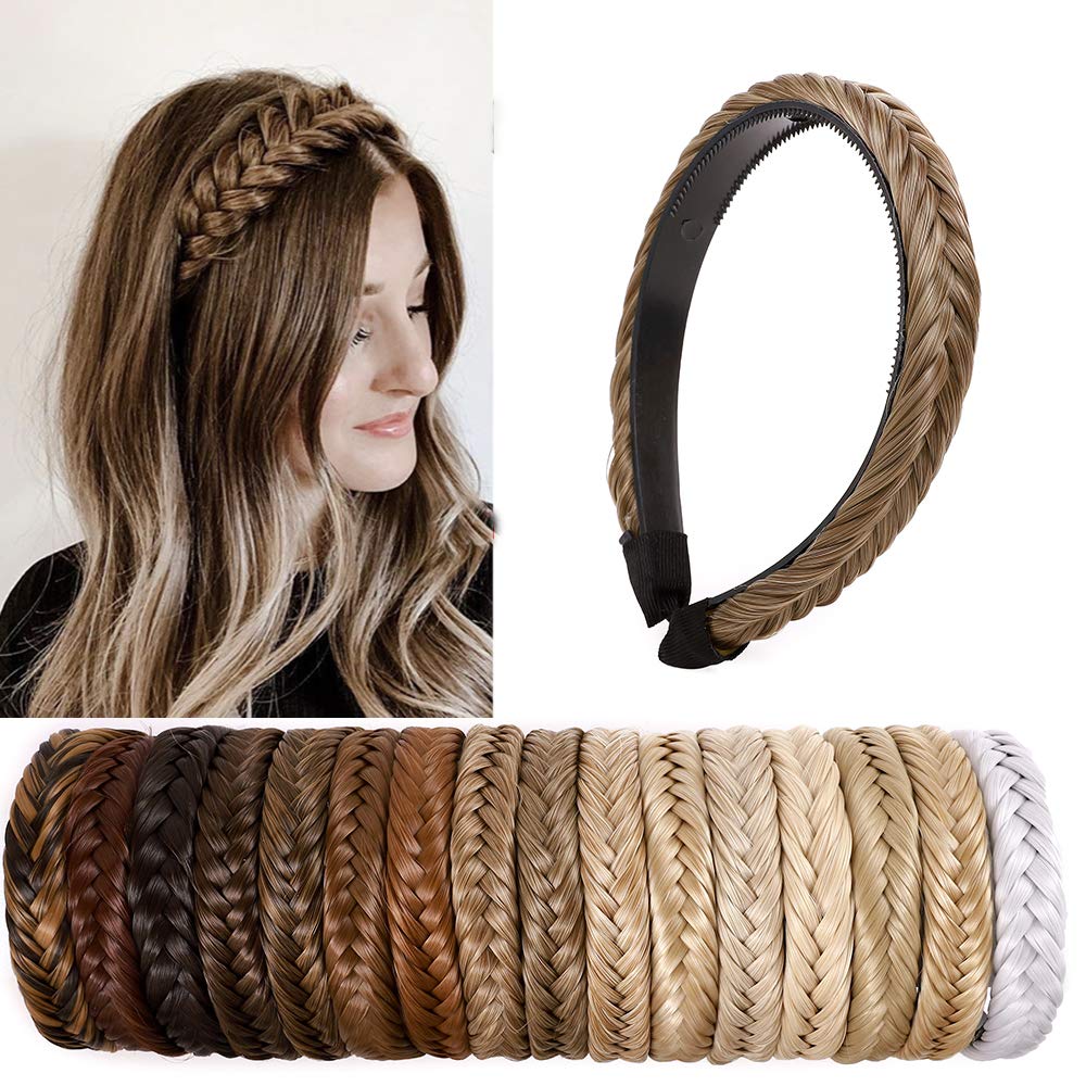 Elegant Head Hoop Braided Plaited Hair Headband Headwear Synthetic Hairpiece Fishtail Braided Hair Band For Girls Women Accessorries Highlighted, Maroon & Ash Blonde