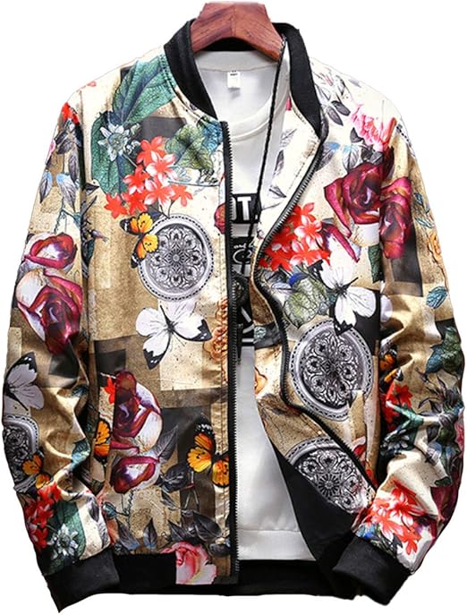 Amazon アマツ 総柄 ジップアップ ブルゾン カジュアル ノーカラー ジャケット お洒落 ジャンパー 長袖 スカジャン 春 秋 メンズ コート ジャケット 通販
