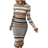 Floerns Women's Striped Bodycon Midi Sweater Dress Long Sleeve Crew Neck Fall Outfit Ruffle Knit Jumper Dresses
