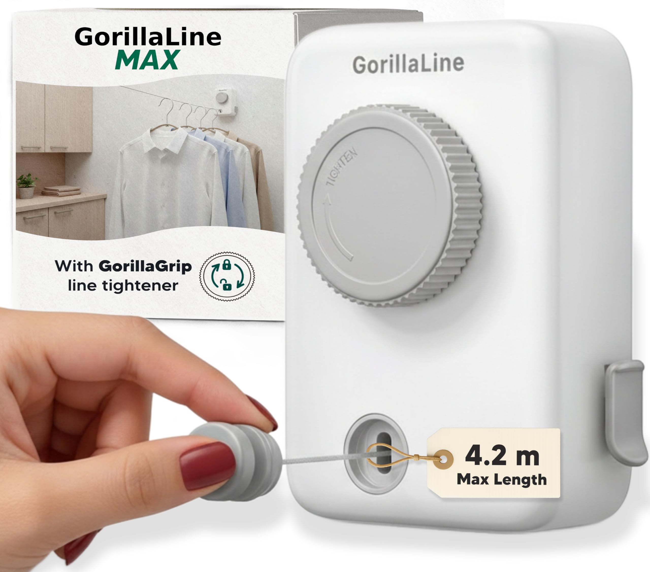 GorillaLine Max - Retractable Washing Line - Clothes Lines for Outside - Extendable Washing Line Rope 4.2m - Indoor and Outdoor Clothes Line - Max Tighten with GorillaGrip