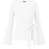 ZESICA Womens Business Casual Tie Waist Ruched Long Sleeve Top | Bell Sleeve Shirts, Elegant Boat Neck, Slim Fitted, Fall Trendy Top, Going Out Tops for Women