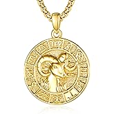 Aries Zodiac Necklace for Men Ram Horoscope Constellation Pendant Medal 14K Gold Aries Pendant Jewelry Zodiac Empowering Birthday Gifts for Him Husband Son Father Dad
