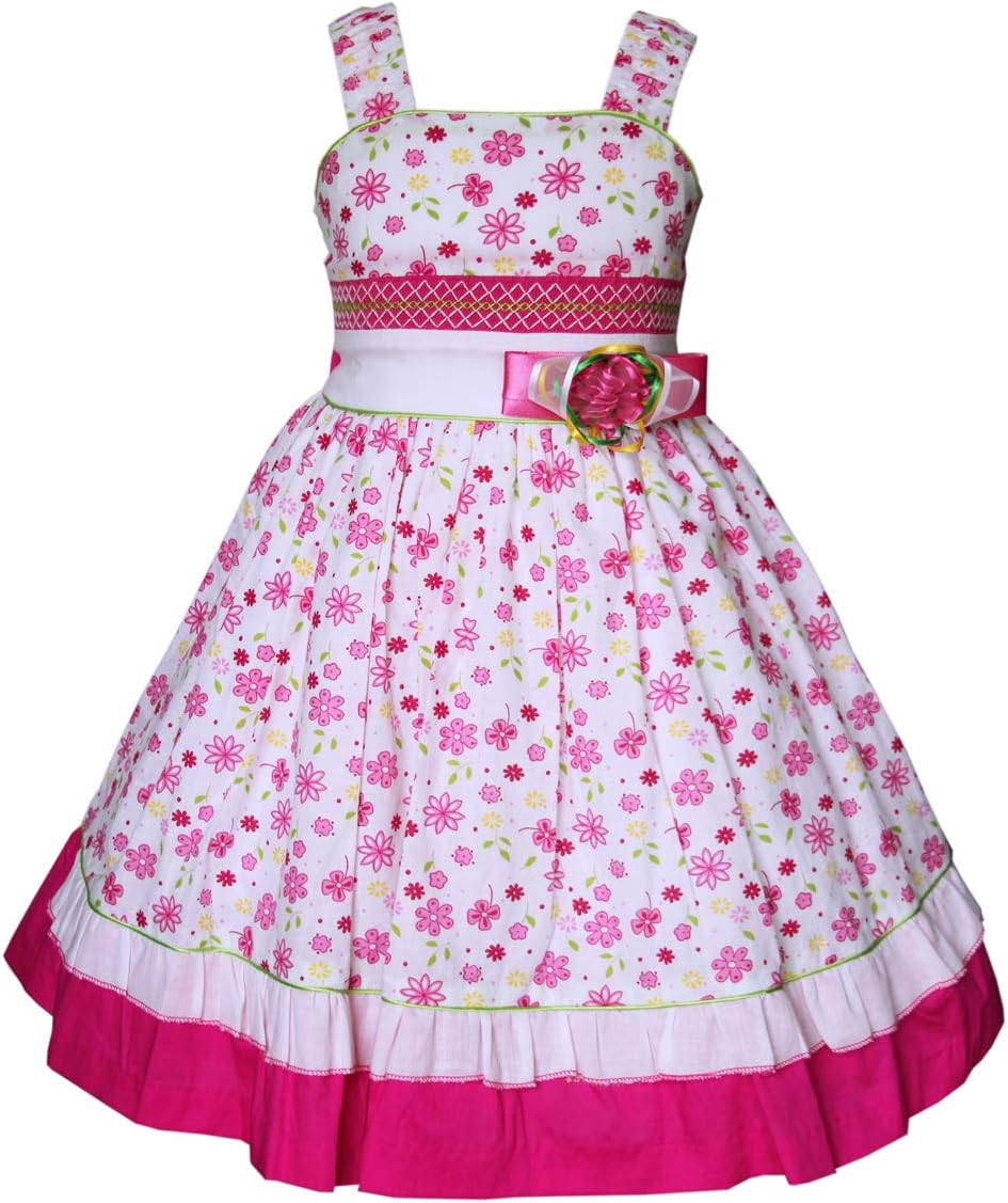 Carouselwear Girls Pink Summer Dress with Twirly Floral Skirt and Smocking