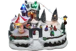 MerryPulse Christmas Village Houses, Snow Village Ice Rink with 8 Musical for Xmas Decorations Home Tabletop Display