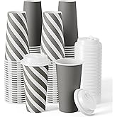 JOLLY CHEF 100 Pack 20 oz Disposable Coffee Cup with Lids, Printed Hot Paper Coffee Cups for Home, Business, Restaurant (Stripes and Grey)