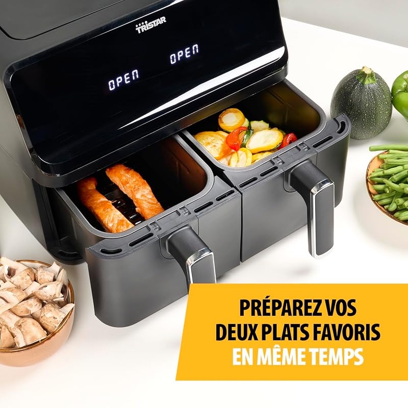 Airfryer Double Panier - Capacité 2 x 4 L - 2700 W - 8 programmes - Température réglable par panier, Noire
