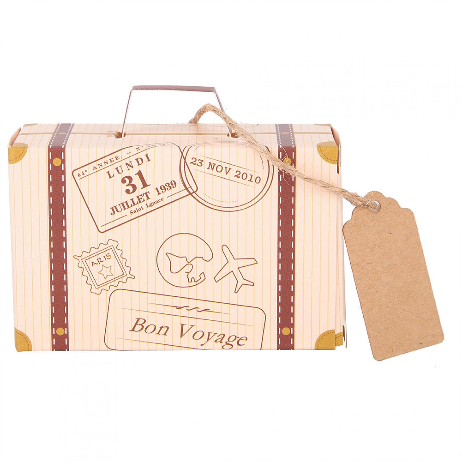 50 Pcs Mini Suitcase Favor Boxes, Party Favor Candy Box, Vintage Gift Bags Kraft Paper with Tags and Burlap Twine for Wedding Bridal Shower Travel Theme Party Supplies