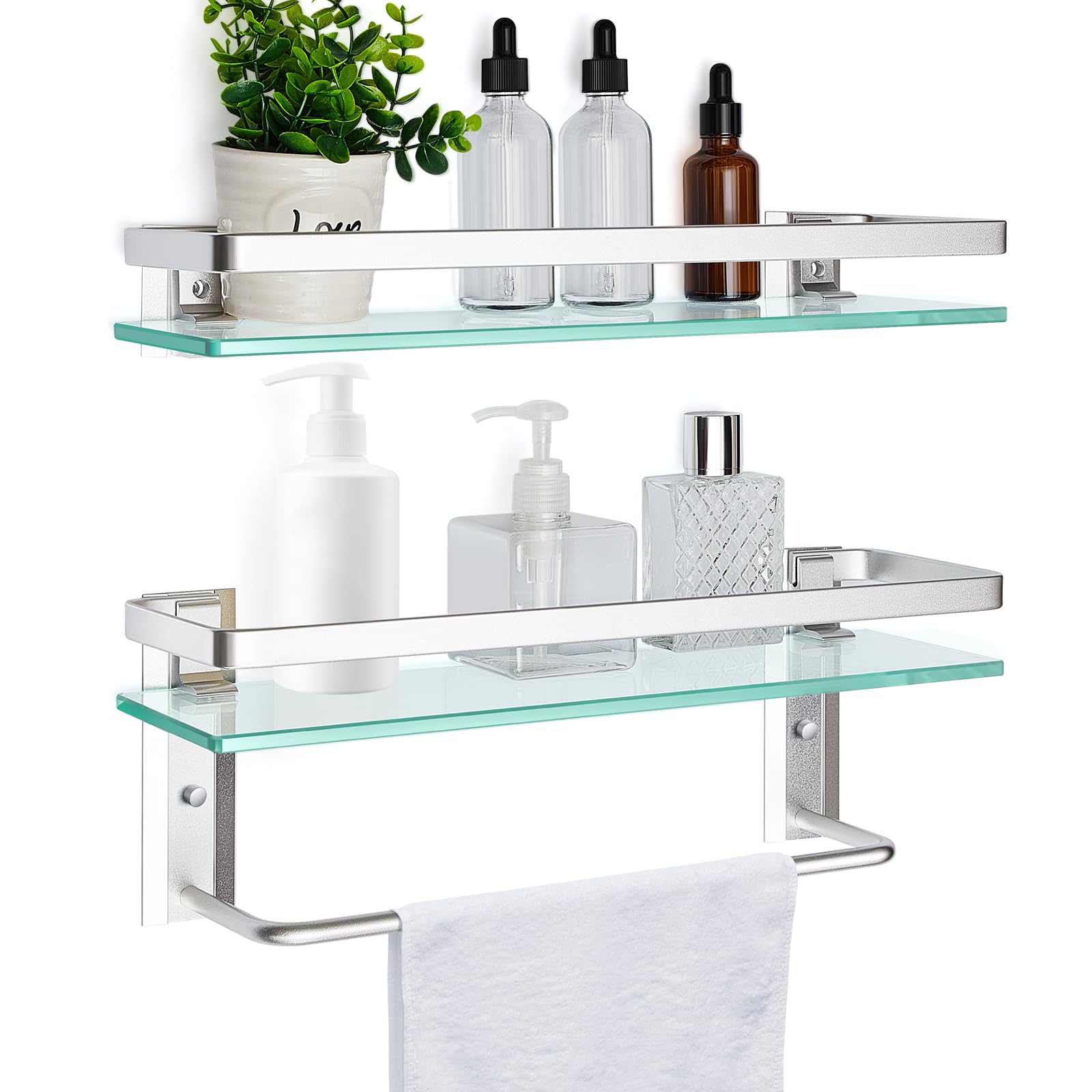 Photo 1 of Suzile Set of 2 Glass Bathroom Shelf with Towel Bar, 15.7 x 4.72 Inches, Contemporary Bathroom Shelf Floating Shelves Hanging Metal Room Shelves Rustproof Wall Mount Organizer Decorative(Silver)