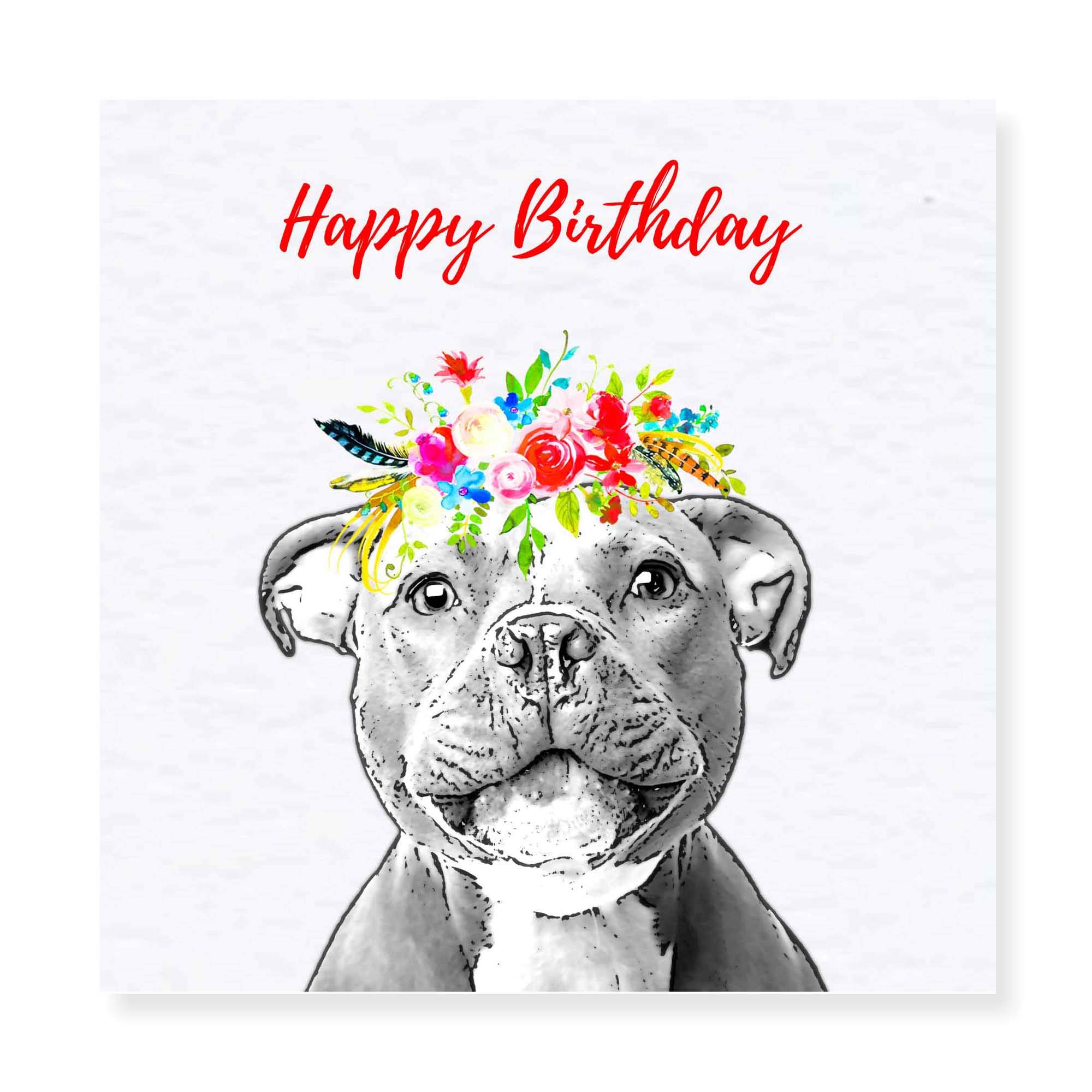 Staffordshire Bull Terrier Birthday Card - Floral Hat - Staffie Staffy Card