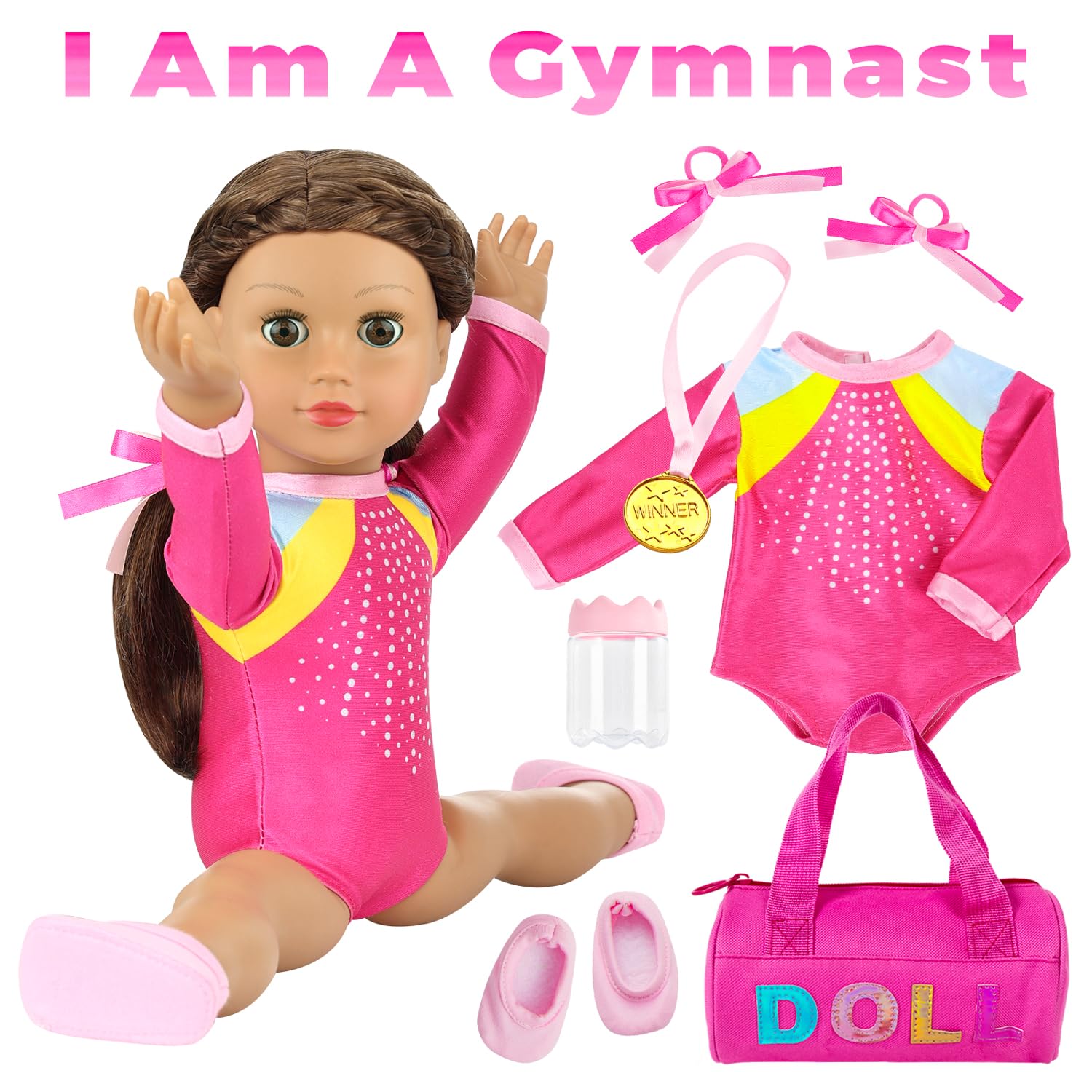 K.T. Fancy 18 Inch Doll Gymnastics Clothes Set - Pink Leotard, Shoes, Gym Bag, Olympic Medal, Water Bottle & Hair Accessories for Play（Doll Not Included）