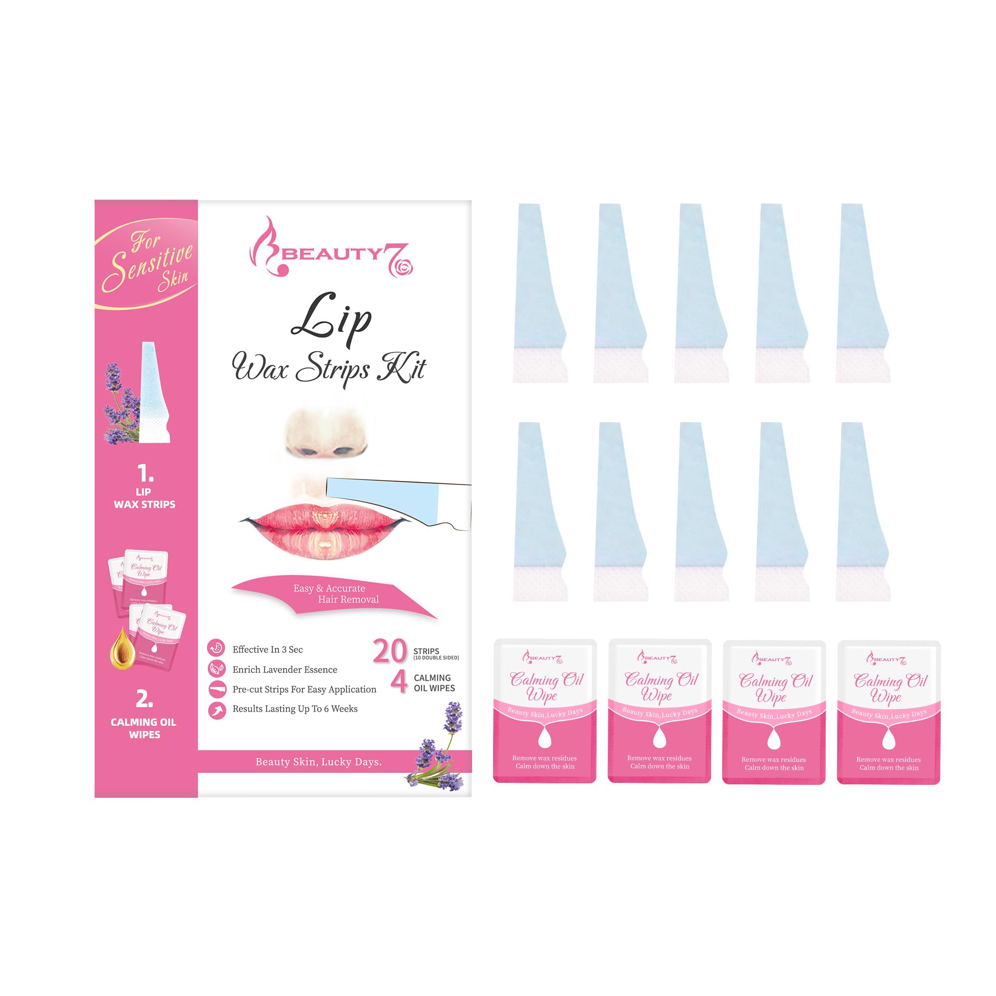 Facial Hair Removal Wax Strips for Upper Lip - 20 Strips and 4 Oil Wipes for Women's Face - Cold Wax for Sensitive Skin with Lavender