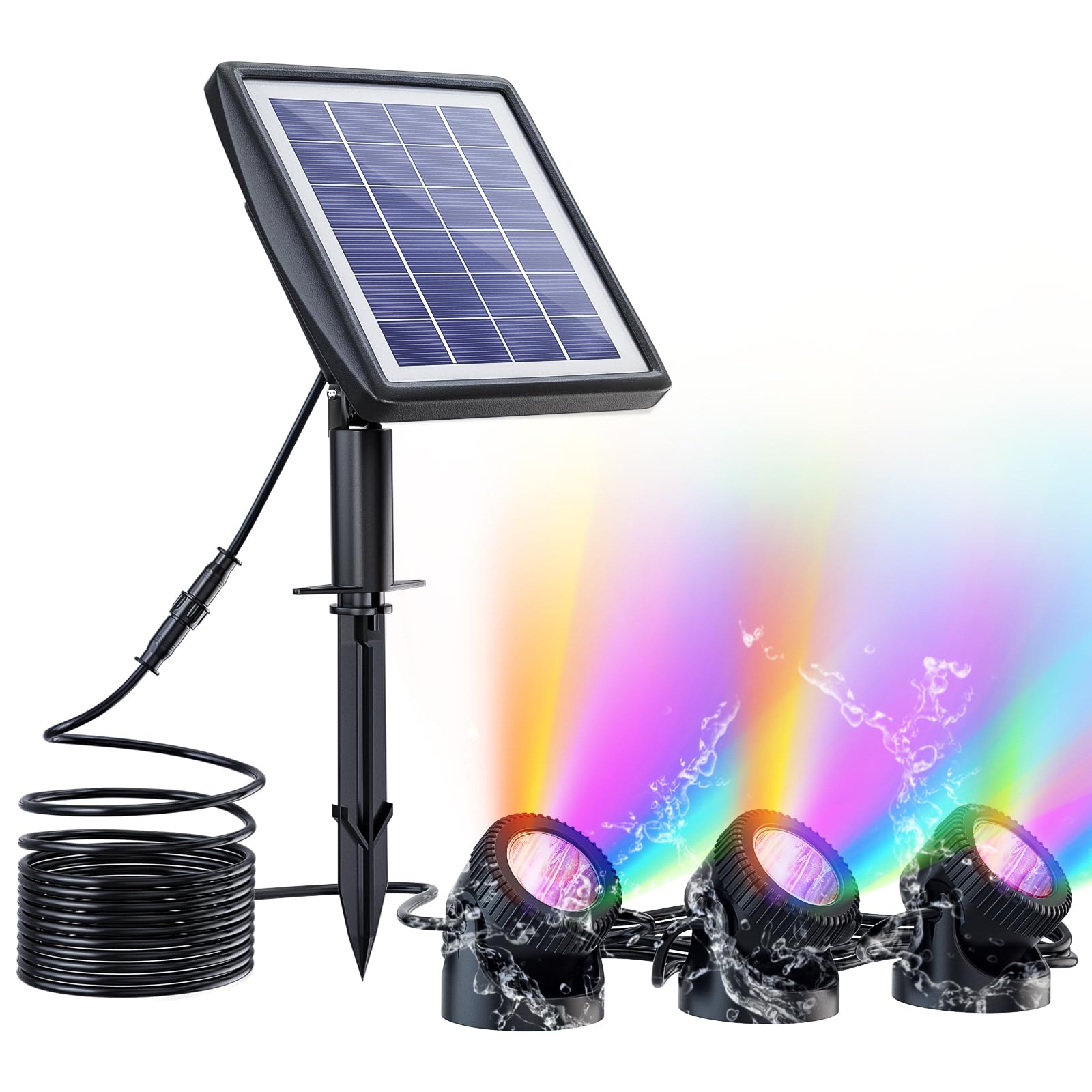 PChero RGB Solar Pond Lights, 3pcs IP68 LED Underwater Spot Lights for Garden Pool Pond Fountain Waterfall Outdoor Decorations