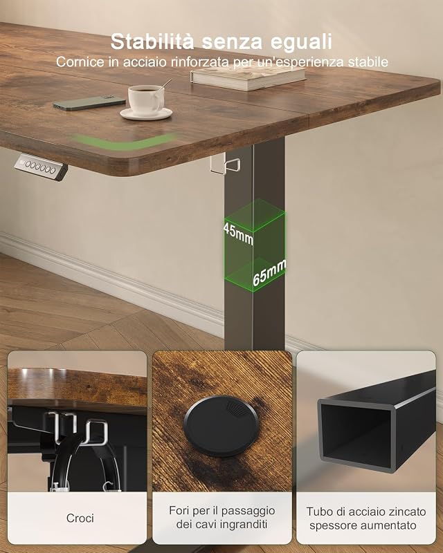 Scrivania Regolabile In Altezza Elettrica,100 x 60 cm,Pannello 6 Tasti Con 4 Memorie Di Altezza E Porta USB, Scrivania Da Computer Marrone,Avviso Di Pausa Per Sedentarietà — foto 5 di 8