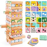Nene Toys Wooden Block Stacking Game – 4-in-1 Tumble Tower Family Board Game with Building Blocks, Cards and Dice – African Safari Educational Wooden Toy for Kids 3-9 Years Old About Animals