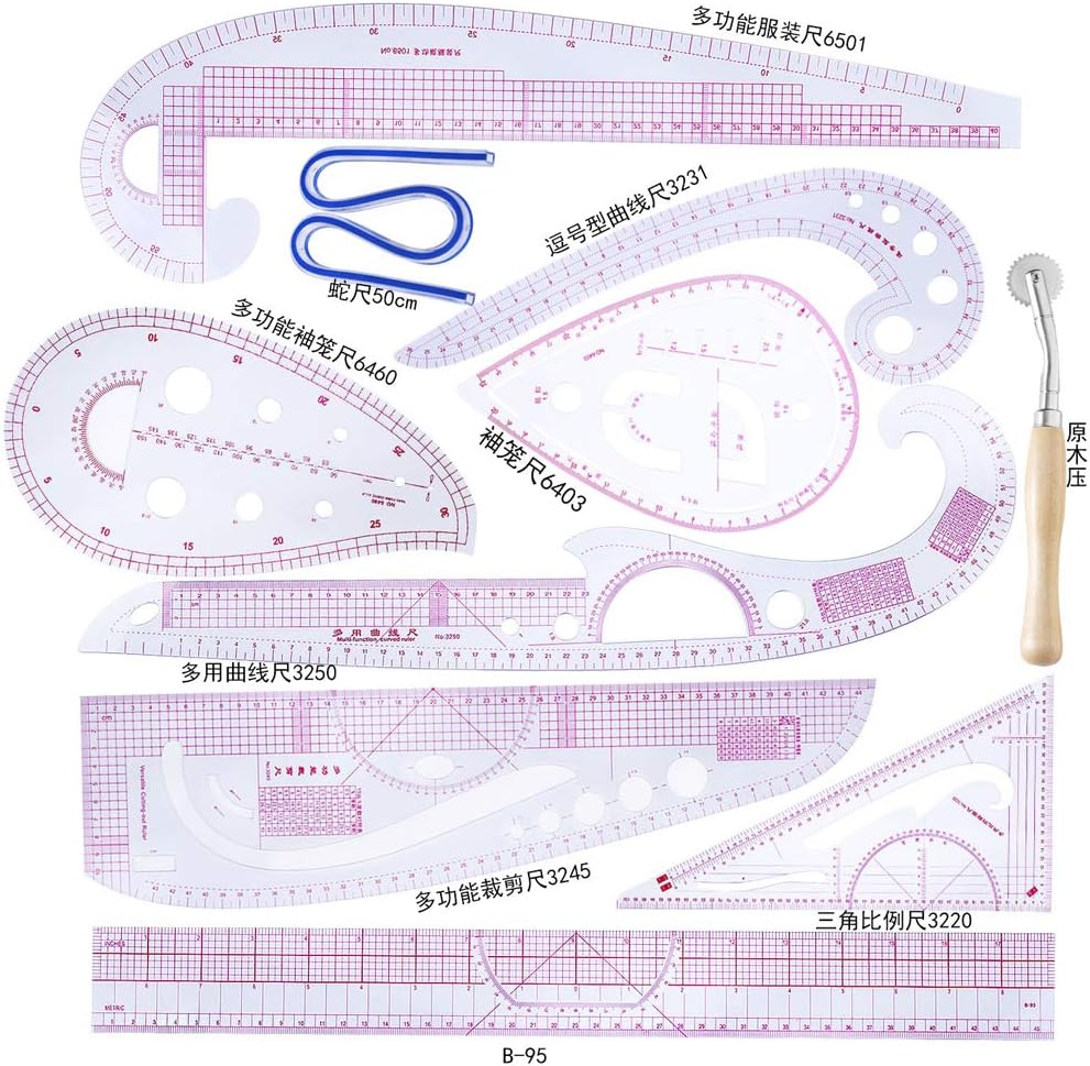 Fanct 10Pcs Tailor Ruler Set French Curve Ruler Yardstick Measure Dressmaking Cutting Sewing Tools