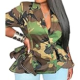 Famnbro Women Fall Cropped Camo Jacket Long Sleeve V Neck Ruffle Blazers Plus Size Camouflage Army Fatigue Trench Coat