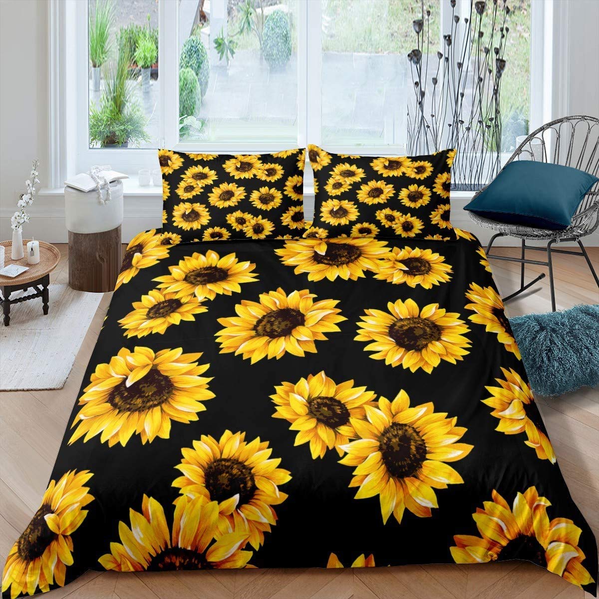 3D floral Comforter Cover for Kids Women Yellow Flowers Bedding Sunflower Pattern Decor Duvet Cover Botanical Floral Print on Black Quilt Cover Garden Bloom Bedding with pillowcase Super King Boys — image 1