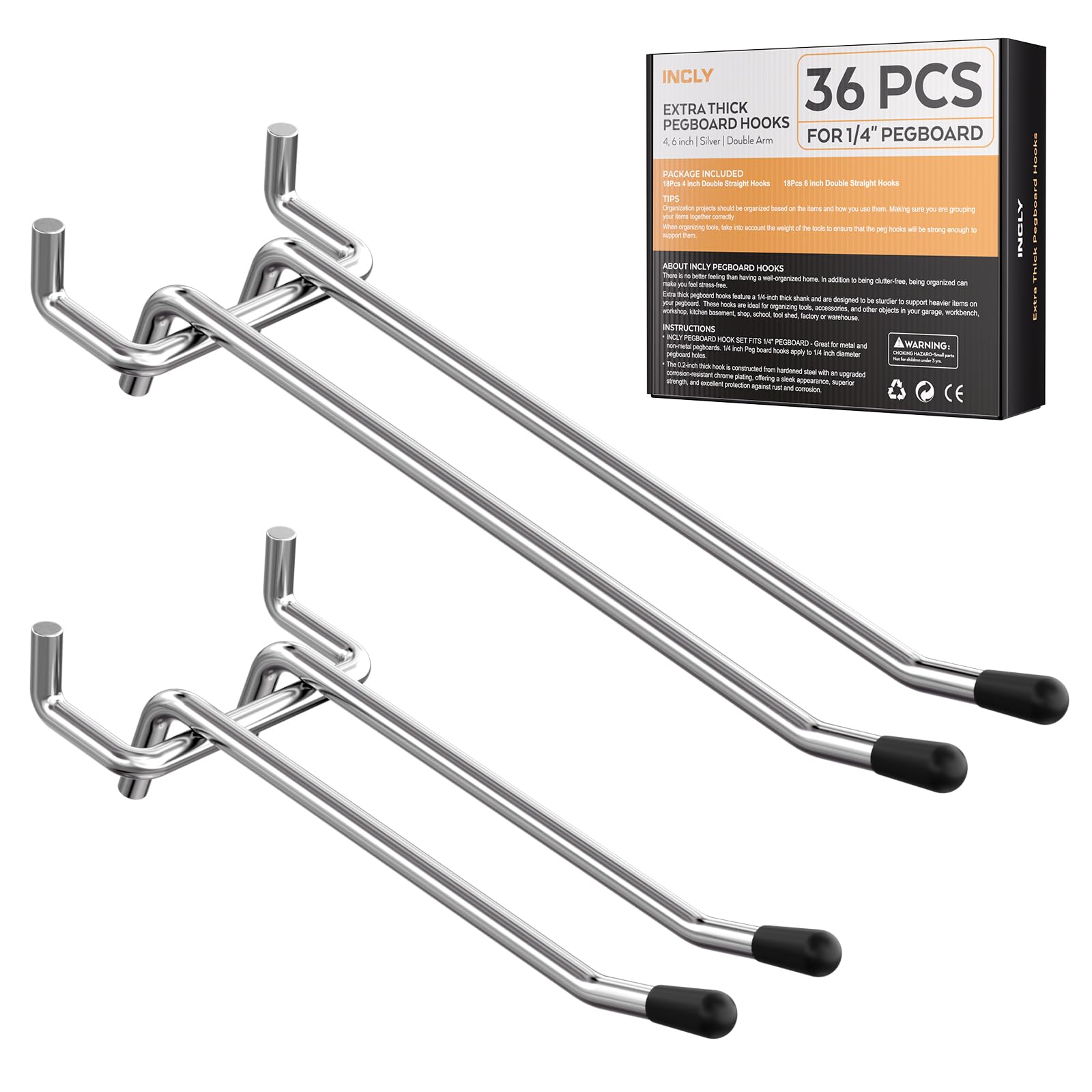 Photo 1 of INCLY 4/6 Inch Pegboard Hooks, 36 Pack Heavy Duty Double Arm Peg Board Straight Hooks, Peg Board Tool Hangers Fit for 1/4" Pegboard Garage Hanging Tools, Craft Organizing, Kitchen, Store