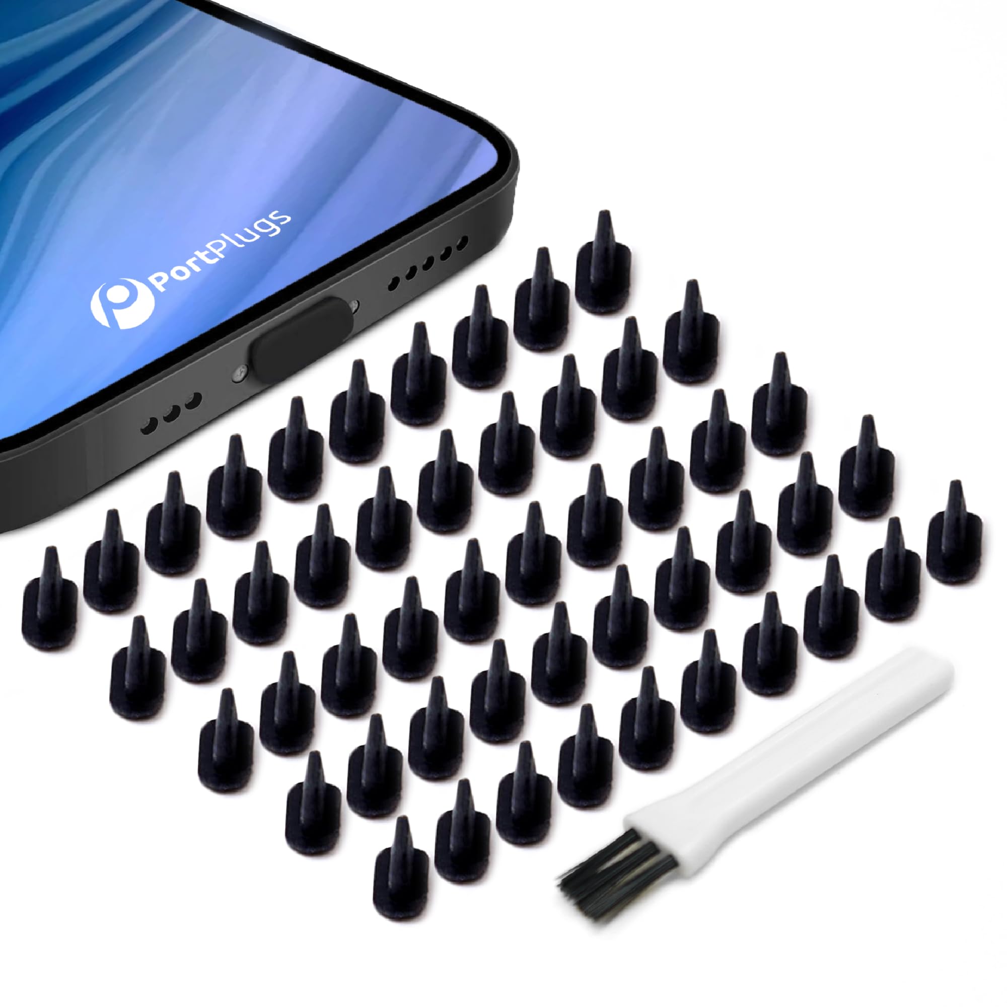 PortPlugs Dust Plugs for iPhone, Compatible with Lightning Port, Low Profile with Cleaning Brush, Keeps Charging Port Clean from Dust Lint, Fits iPhone 14 to 7, iPad AirPods | Black (50 Pack)