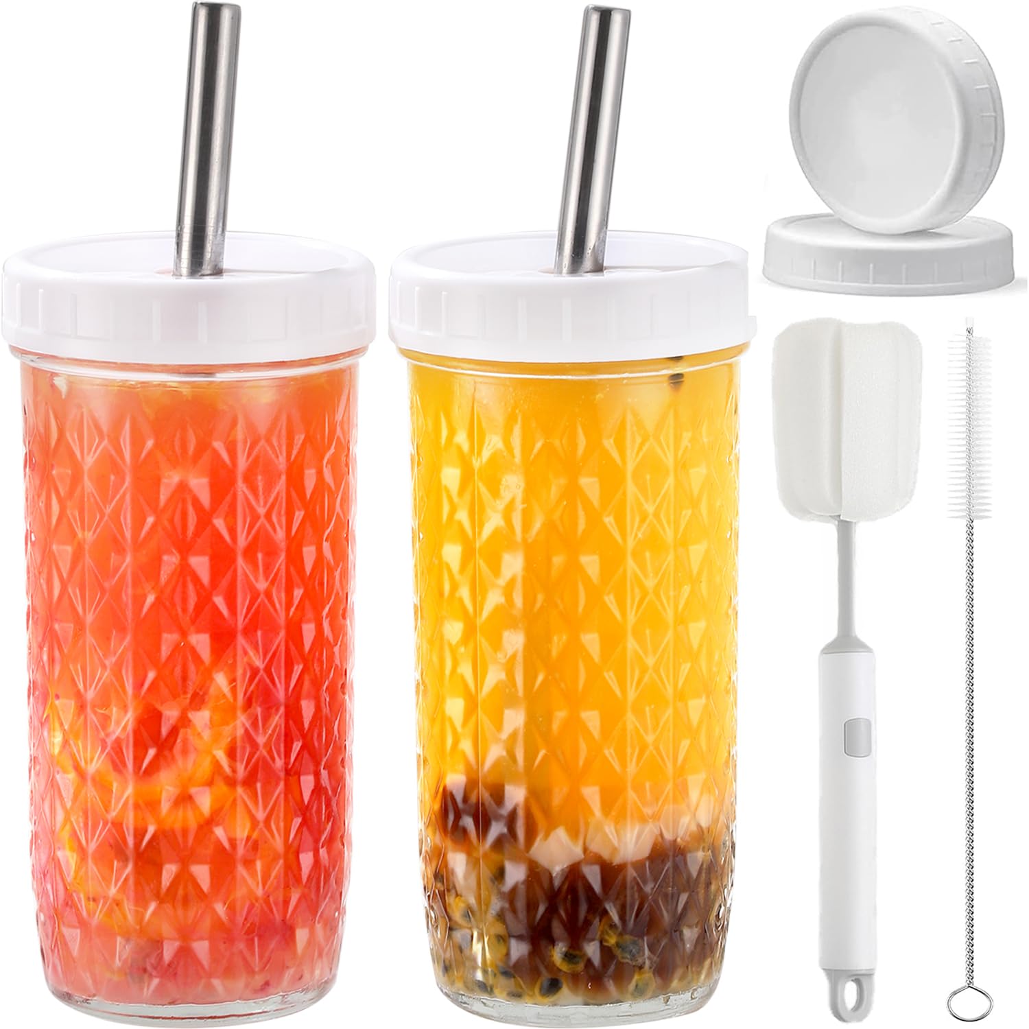 CJWLKJ 2 Pack Glass Cups Tumbler with Lids and Straws & 2 Airtight Lids, Reusable Boba Bubble Tea Cups, 24 Oz Diamond Texture Wide Mouth Mason Jar Cup Iced Coffee Cup, Smoothie Cups