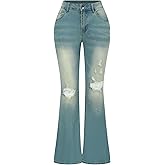 THUNDER STAR Womens Stretchy Mid Rise Flare Jeans Distressed Denim Bell Bottom Pants