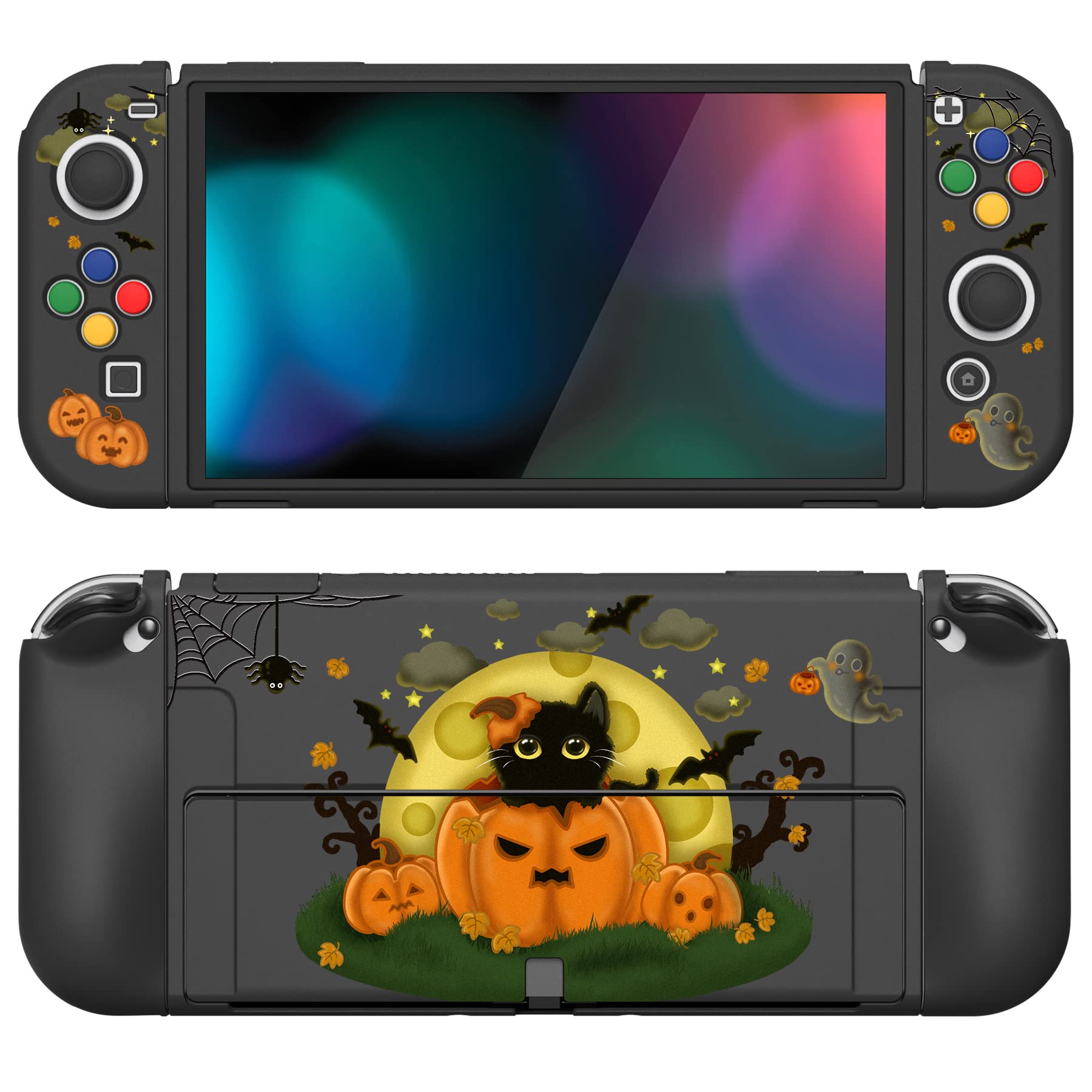 playvital ZealProtect Soft Protective Case for Nintendo Switch OLED, Flexible Protector Joycon Grip Cover for Nintendo Switch OLED with Thumb Grips & ABXY Direction Button Caps - Moon Night Halloween