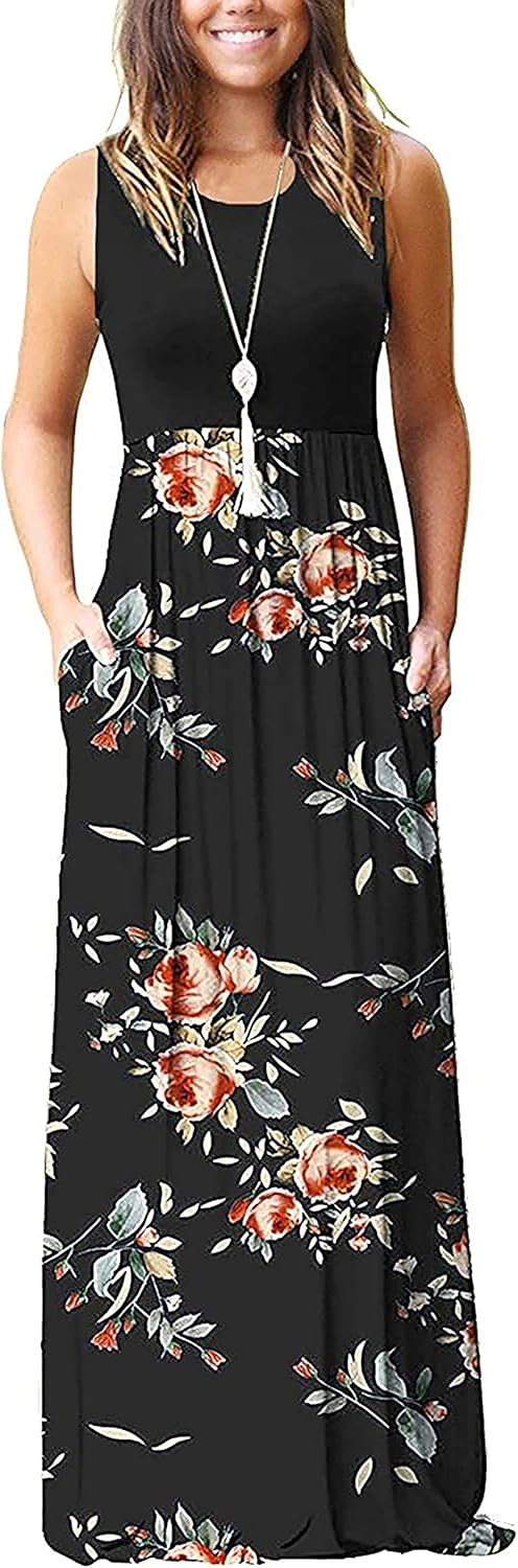 AUSELILY Women's Summer Sleeveless Loose Plain Maxi Dress Casual Long Dress with Pockets at  Women’s Clothing store