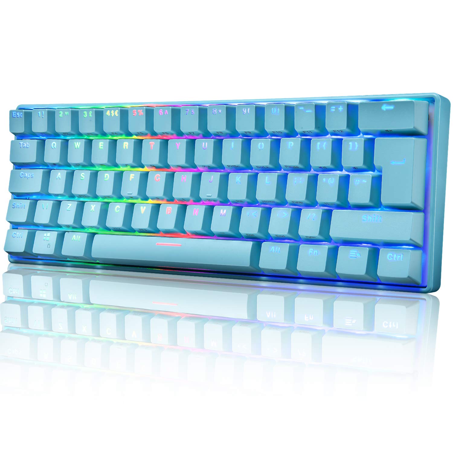 UK Layout 60% True Mechanical Gaming Keyboard Type C Wired 62 Keys LED Backlit USB Waterproof Keyboard 14 Chroma RGB Backlight Full Anti-ghosting Keys for Computer/PC/Laptop/MAC (Blue/Blue Switch)