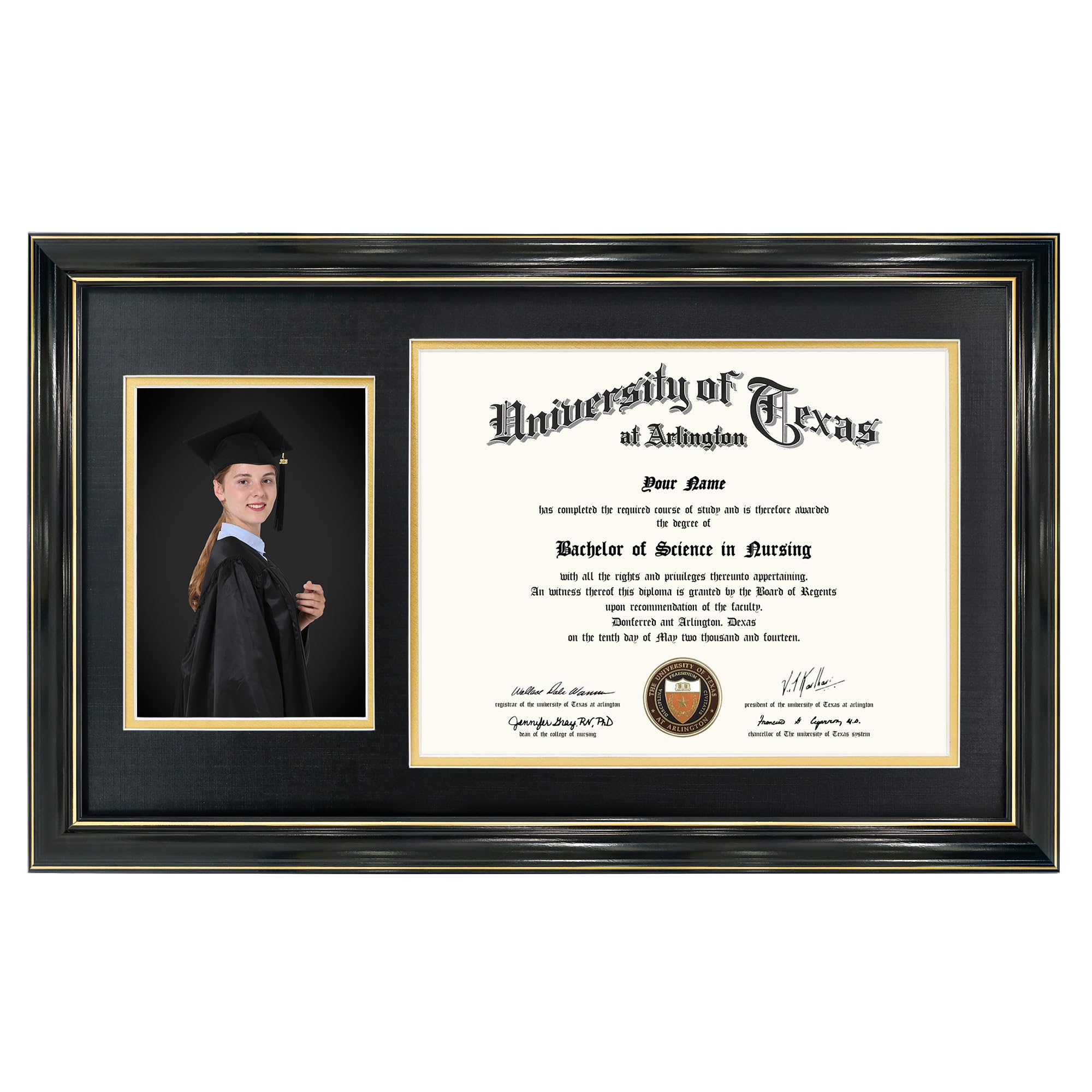 GraduationMall 11x19 Black Diploma and Photo Frame for 8.5x11 Certificate,5x7 Picture,Tempered Glass,Black over Gold Double Mat