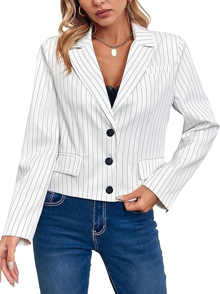 CICY BELL WOMENS CROPPED STRIPED BLAZER CASUAL LONG SLEEVE LAPEL BUTTON DOWN WORK BLAZER JACKETS WHITE