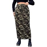 Verdusa Women's Plus Size Camo Skirt Y2k Drawstring High Waist Bodycon Long Skirts