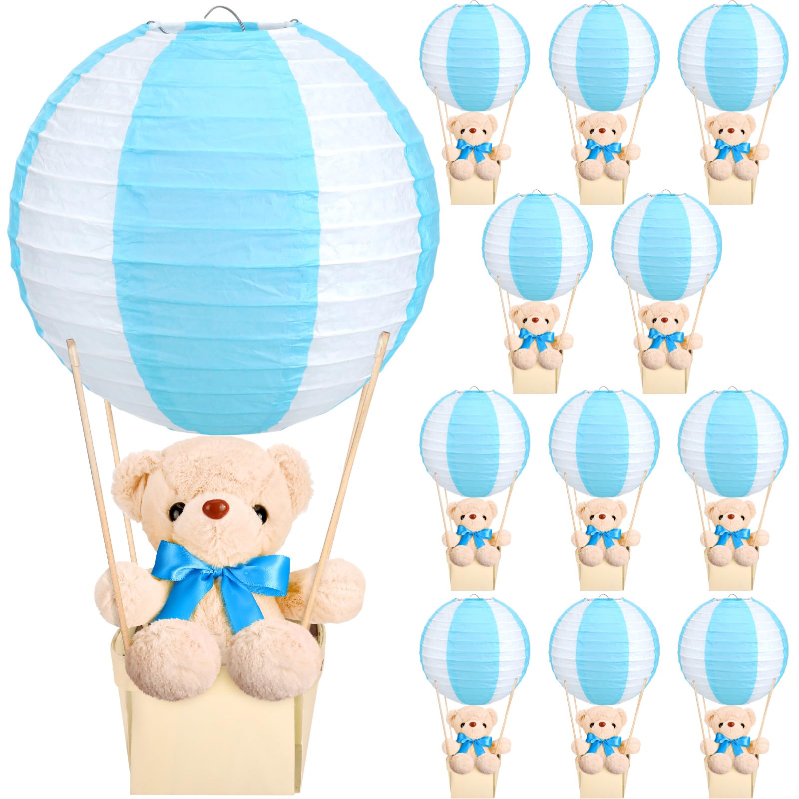 Photo 1 of Baquler 12 Sets Baby Shower Hot Air Balloon Table Centerpieces DIY Paper Lanterns Stuffed Plush Bear Wooden Baskets for Wedding Birthday Gender Reveal(Blue)