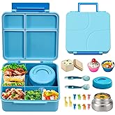 JSLOVE Bento Lunch Box with Leak Proof Thermos Food Jar for Kids, Food Lunch Containers for Boys with 4 Compartments, BPA-Free with Utensils, Food Picks, Sauce Jar & Silicone Lunch Box Dividers