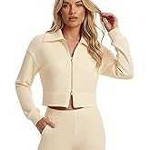 VEQKING Cropped Workout Jackets for Women Double Zip Up Womens Sweatshirt Ribbed Long Sleeve Running Top