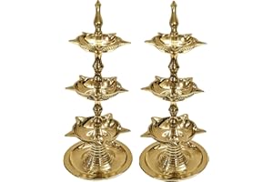 CRAFTSMAN SATVIK 2Pc Standing Brass Kerala Samai Diwali Deepak for Puja Traditional Panchmahal Pooja Deepam Diya Oil Lamp Kutthu Vilakku Dia 3 in 1 Step Adjustable 8.5 inch Deepawali Indian Gift Item