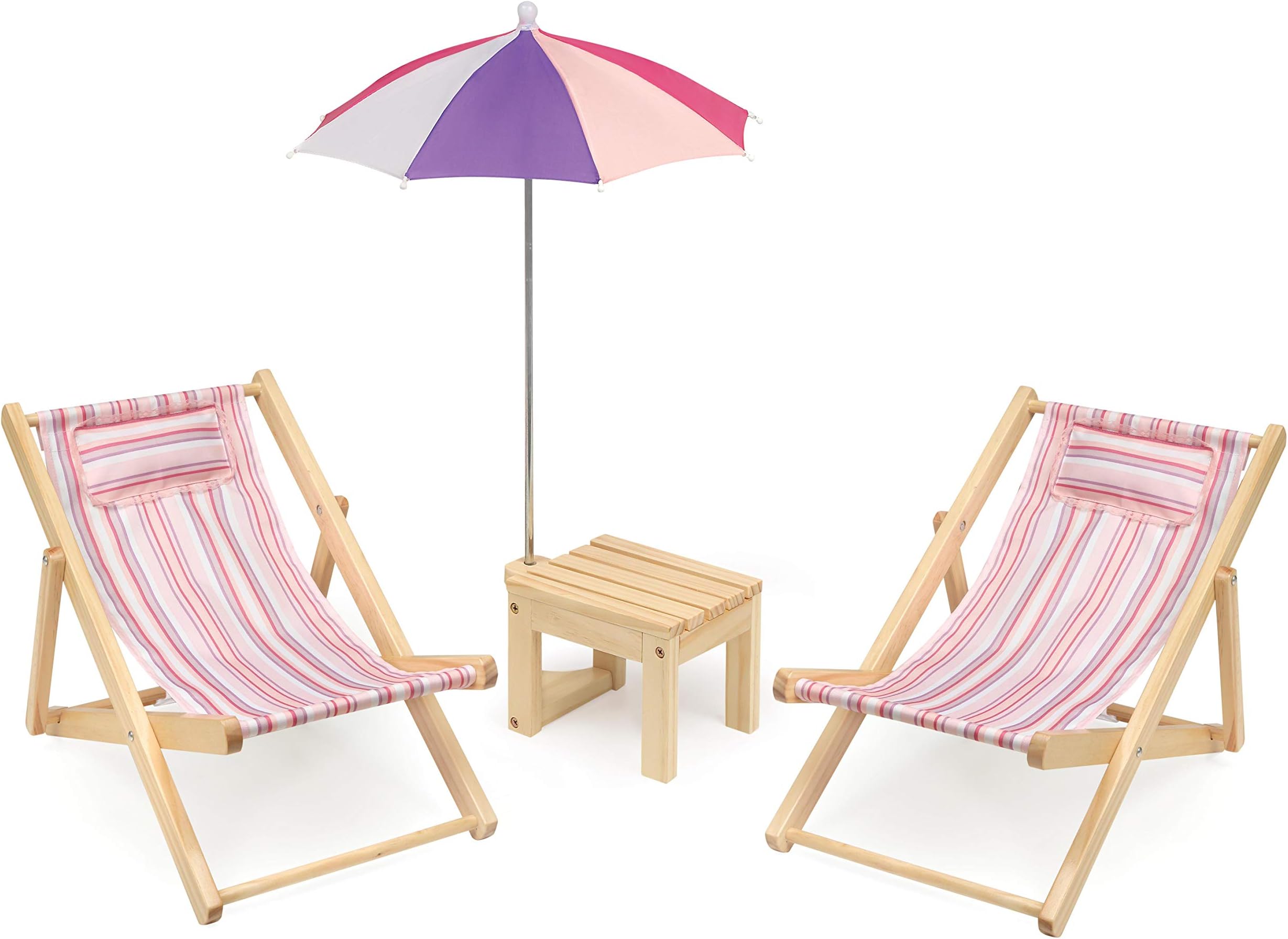 Badger Basket 40020 Two Doll Beach Chair Set with Table and Umbrella-Summer Stripes, Pink