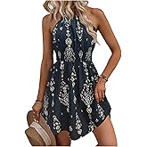 SOLY HUX Women's Floral Halter Mini Dress Boho Sleeveless Flowy Beach Vacation Sundress